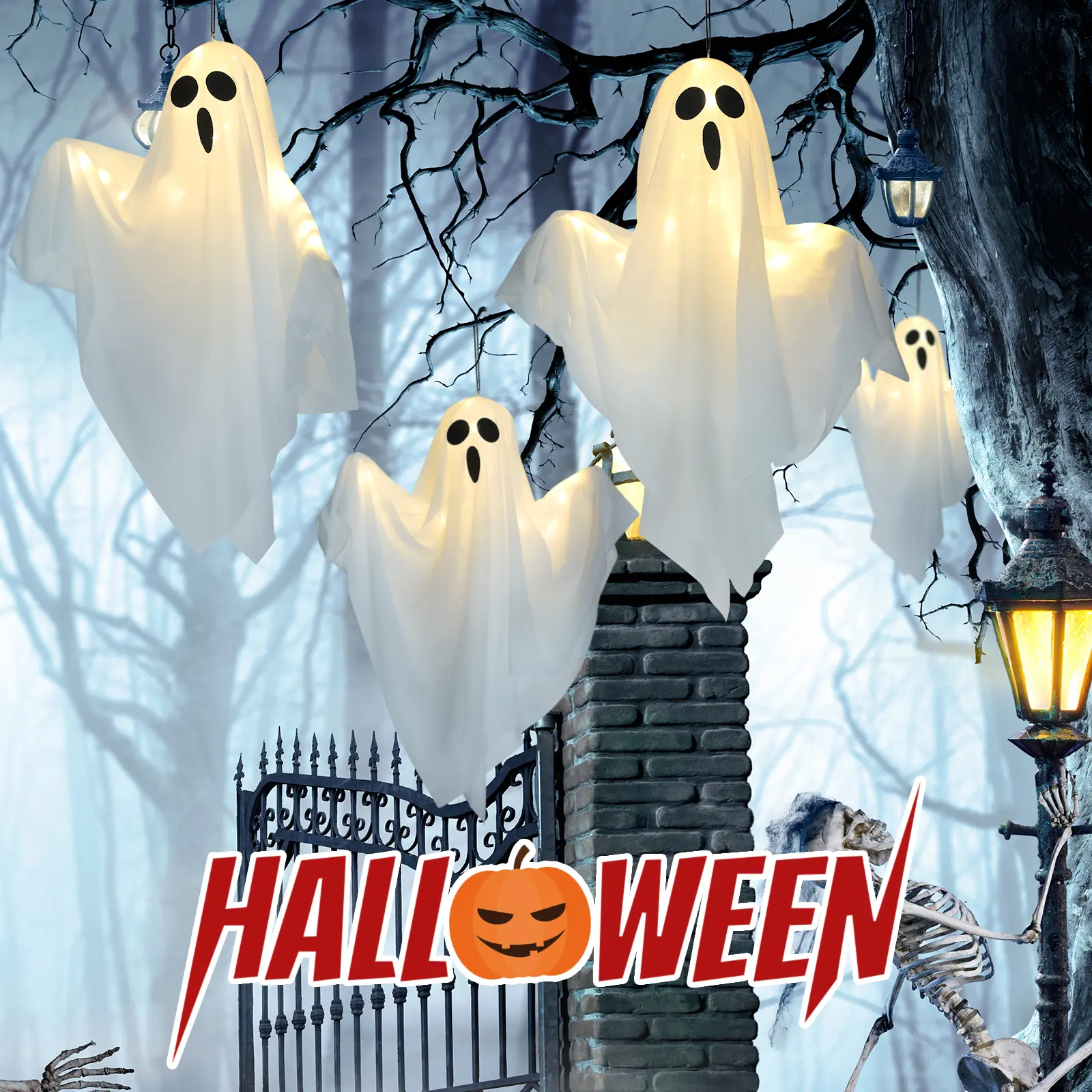 Light Up Hanging Ghost Halloween Decor, Bendable Arms White Fabric Ghost Ornament with Warm LED Lights, Spooky Halloween Hanging Ghost Decorations for Tree Front Door Window Yard Party Indoor Outdoor Decor