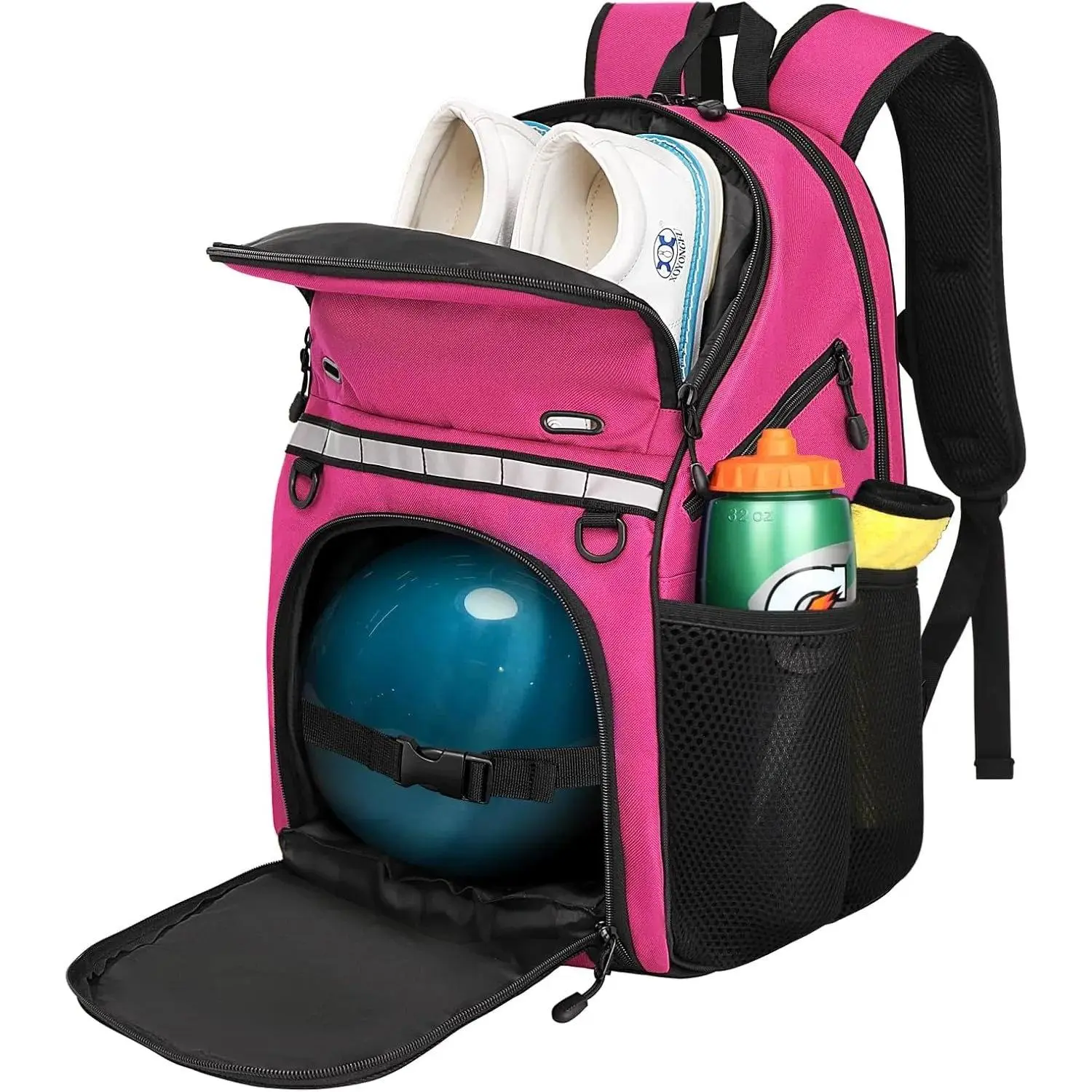Nylon Single Ball Bowling Backpack with Padded Ball Holder, Adjustable Fixing Strap, Chest Buckle, Size 16 Shoe Compartment for Outdoor Activities, Camping, Distribute Pressure