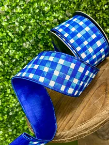 2.5 Inch By 10 Yard Royal Blue Watercolor Check Deluxe Dupioni Backed Wired Edge Ribbon