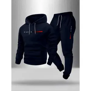 Men’s Paris letter-print sportswear set featuring a warm hooded sweatshirt, casual fleece pullover with drawstring and pockets, fall outfits and winter outfits for outdoor activities—sweatpants set