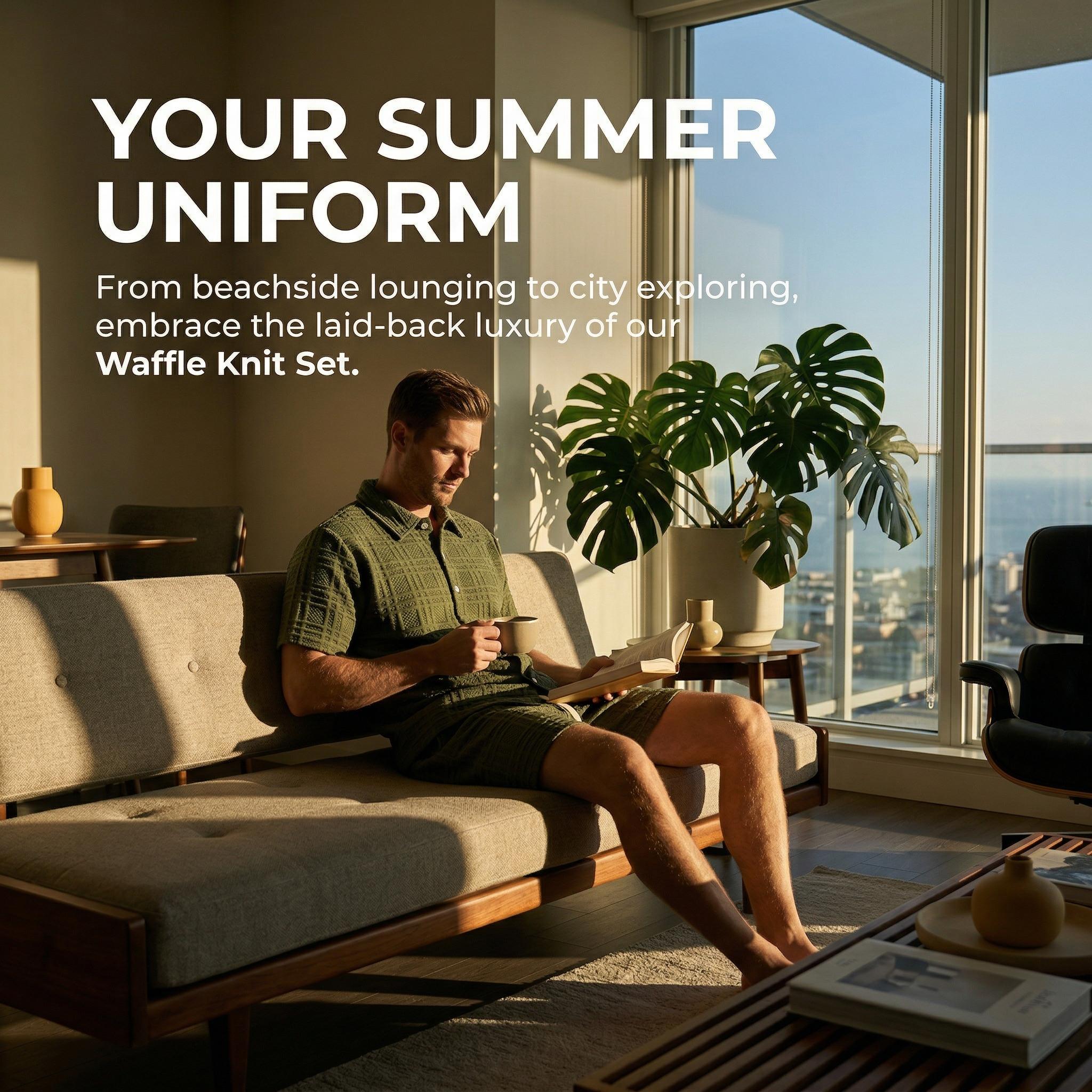 Men's 2 Piece Outfit, Textured Knit Button Down Shirt & Shorts Set for Summer