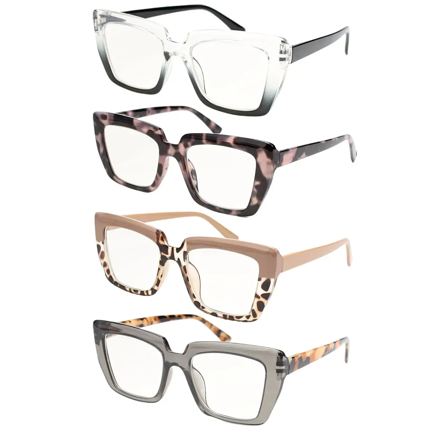4 pairs of retro trendy women's reading glasses, leopard print and tortoiseshell frames, comfortable spring hinges, PC lenses, 4 unique styles, suitable for daily fashion and reading,   Bifocal Sunglasses with Blue Light Protection eyeglass