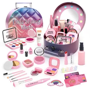 Girls' Realistic Makeup Set with Mirror, Cosmetic Box & Multiple Accessories, Interactive Gift for Kids Aged 3+, Perfect for Playtime, Kids Vanity