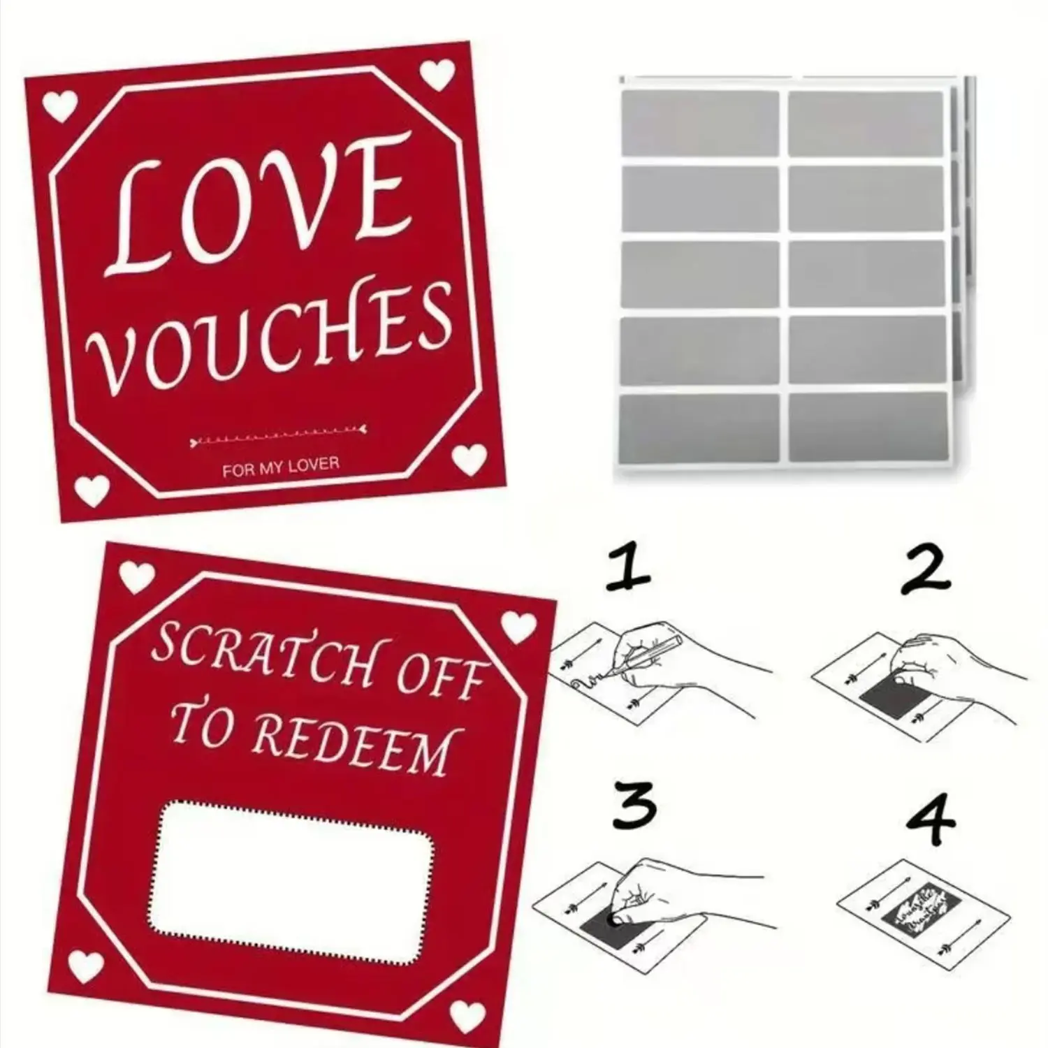 20 card-coated scratch-off sticker romantic couple vouchers, perfect for weddings, anniversaries, birthdays and other occasions - fun party games and activities for adults