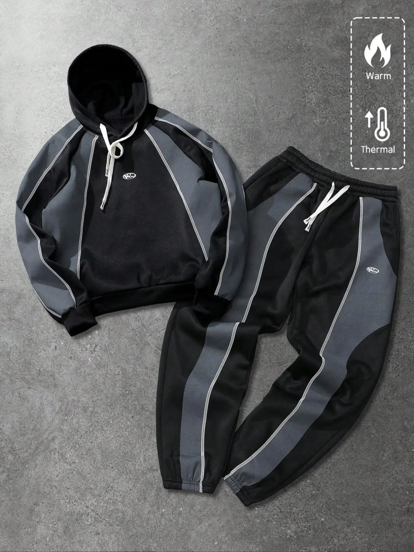 Men's Techwear Contrast Stitching Tracksuit – Thermal Hoodie & Joggers Set, Y2K Urban Streetwear Winter Casual 2-Piece Outfit