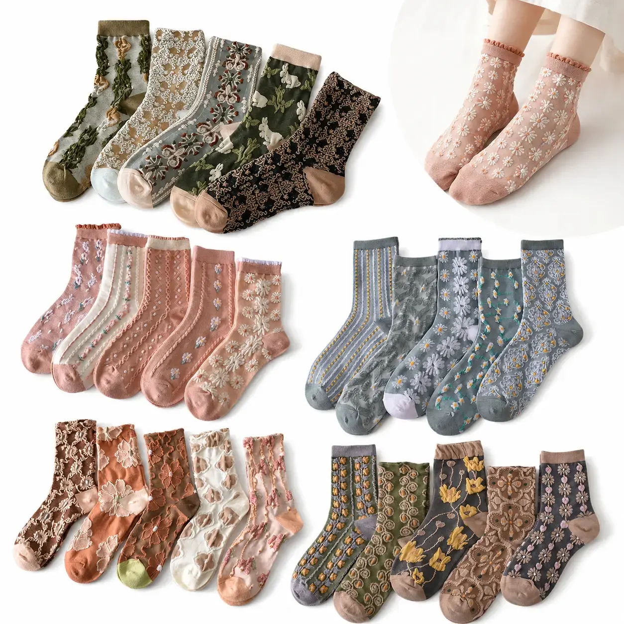 10 Pairs Vintage Embroidered Floral Ruffled Ankle Socks For Women Soft Comfort Spring Cute Flower Print Daily Casual Accessory Ideal Mother's Day Birthday Holiday Gift For Ladies Teen Girls Daily Outfit Matching Socks
