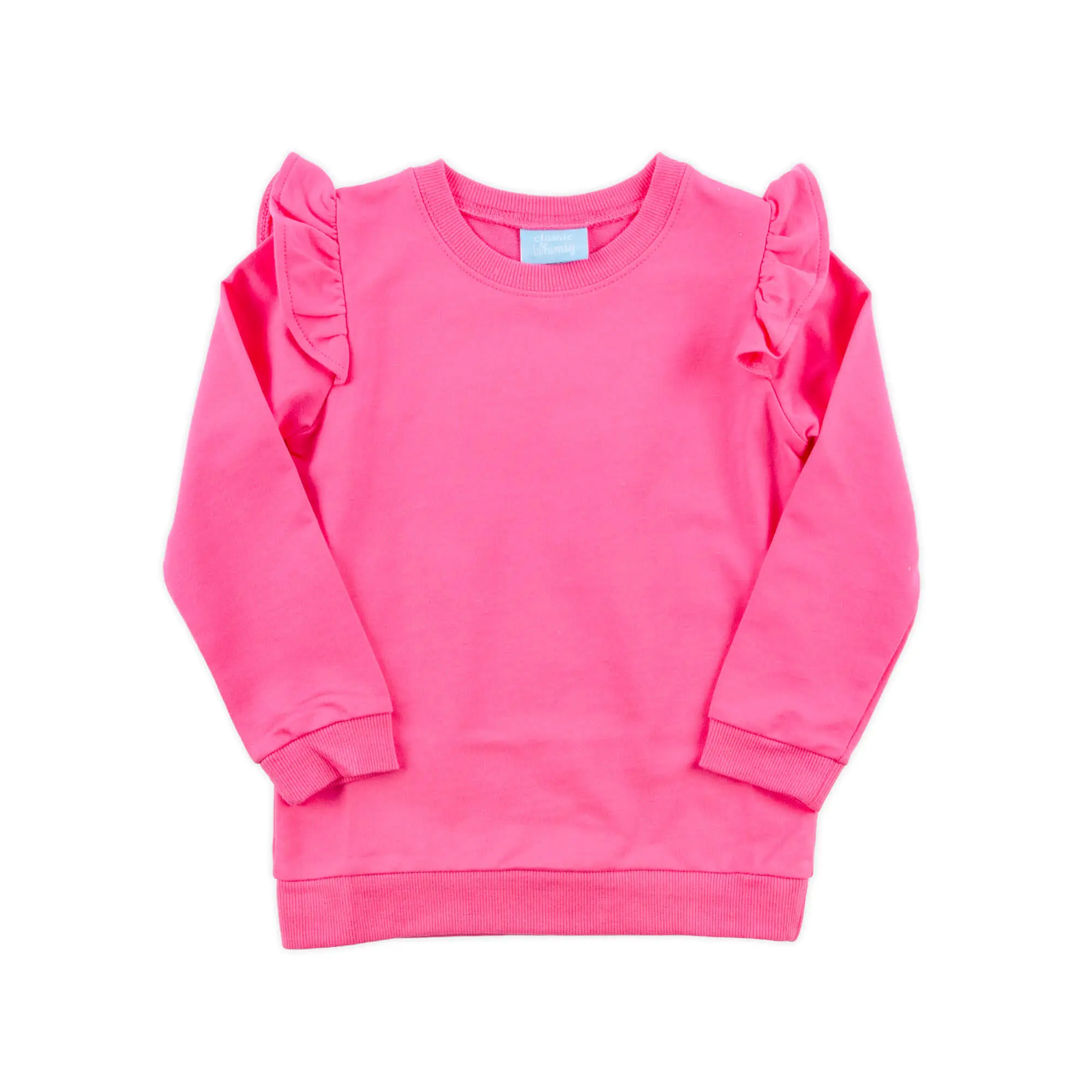 Pink Ruffle Sweatshirt - Girls Long Sleeve French Terry Top Pullover Crewneck