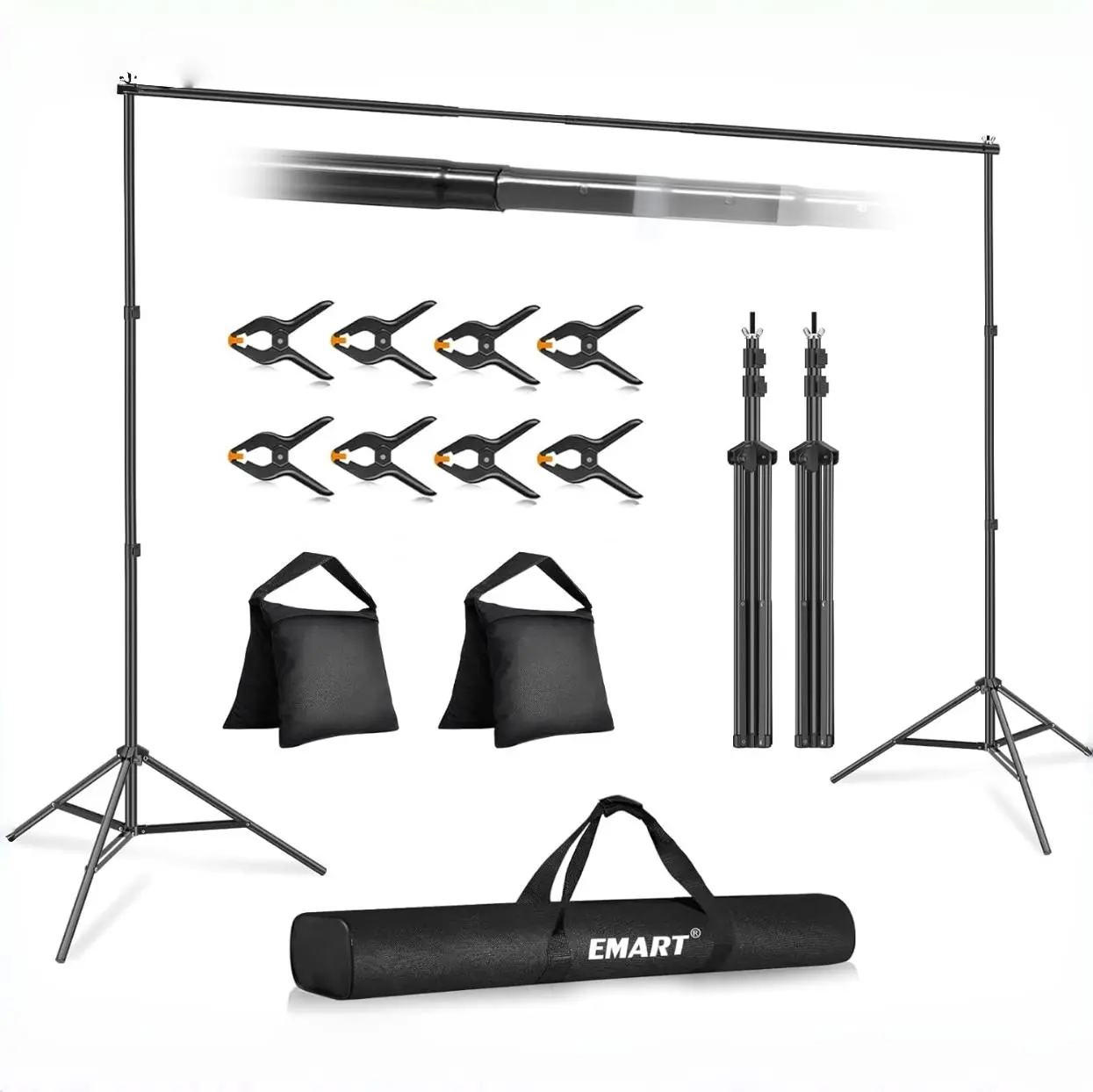 EMART 10x10ft Flexible Retractable Backdrop Stand Photo Studio Kit with 2 Crossbars 8 Clamps 2 Sandbags & Carry Bag for Parties Events Decorations Wedding Photography Portable Aluminium Alloy Tripod