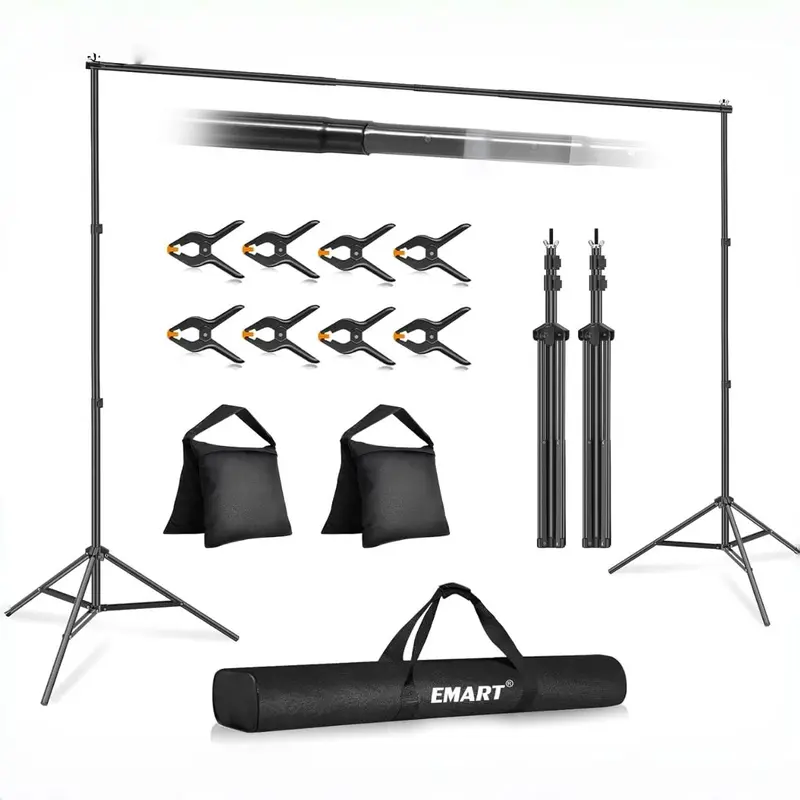 EMART 10x10ft Flexible Retractable Backdrop Stand Photo Studio Kit with 2 Crossbars 8 Clamps 2 Sandbags & Carry Bag for Parties Events Decorations Wedding Photography Portable Aluminium Alloy Tripod