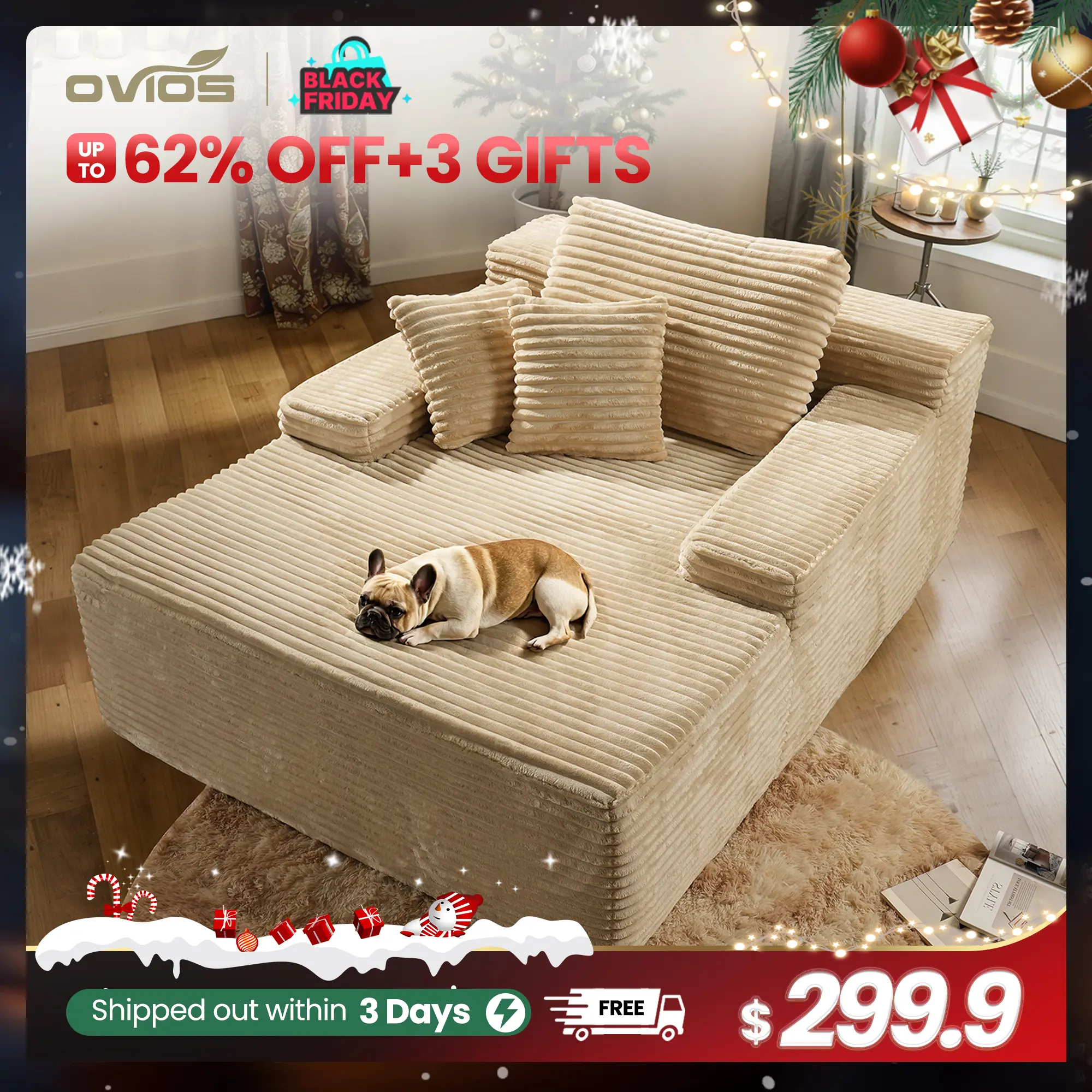 【SohoChic Sale】Ovios 49" Oversized Boneless Chaise Lounge, Plush Corduroy Sofa Bed Chair with Deep Seat & Throw Pillows, Convertible Sleeper Chair for Living Room, Apartment & Bedroom, No Assembly Required