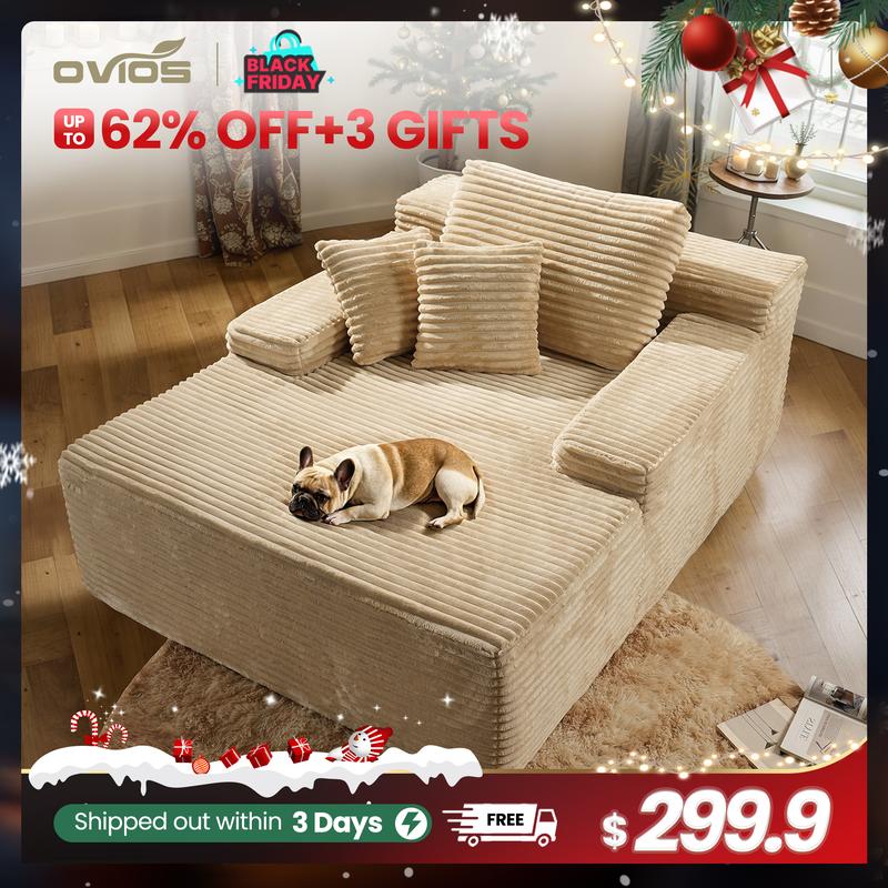 【Jumpstart Sale】Ovios 49'' Boneless Chaise Lounge with Cup Holders, Upholstered Sofa Bed with Throw Pillows and Armrests, Indoor Sleeper Chair- Luxurious Plush Corduroy Chair Bed for Living Room - No Assembly Required