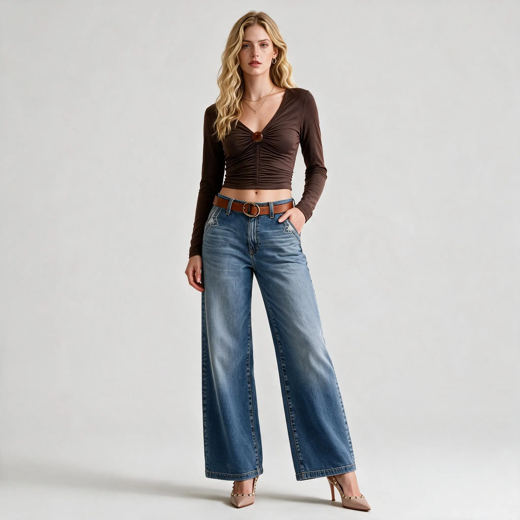 Women wide-leg jeans—stylish, soft-textured, high-waisted, and highly elastic. Durable, wrinkle-resistant, breathable, and comfortable for all seasons. A minimalist wardrobe essential available in various sizes./T95