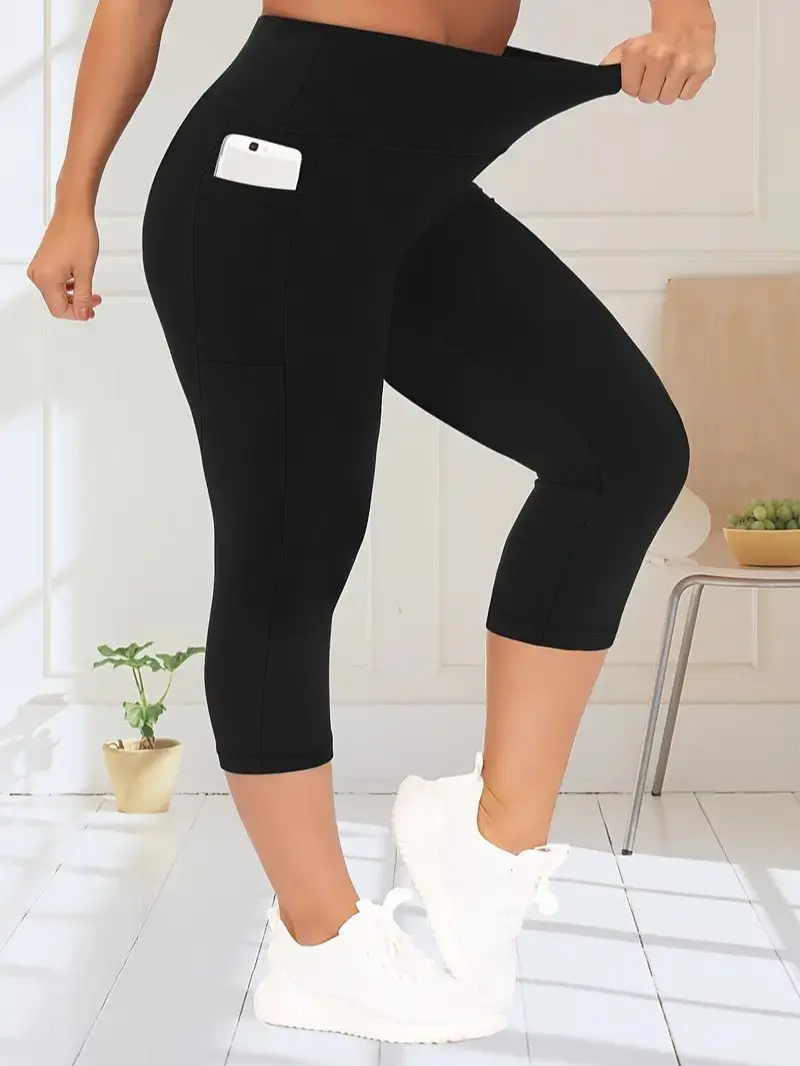 Plus Size Capri Leggings for Women, Soft High Waisted Compression Bottoms with Tummy Control and Pockets for Casual Gym Wear
