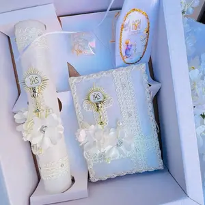 Traditional First Communion Candle Gift Set - 8in Candle, Rosary, New Testament, Decorative Elements in Box for Boys & Girls (English, Spanish, Ivory)