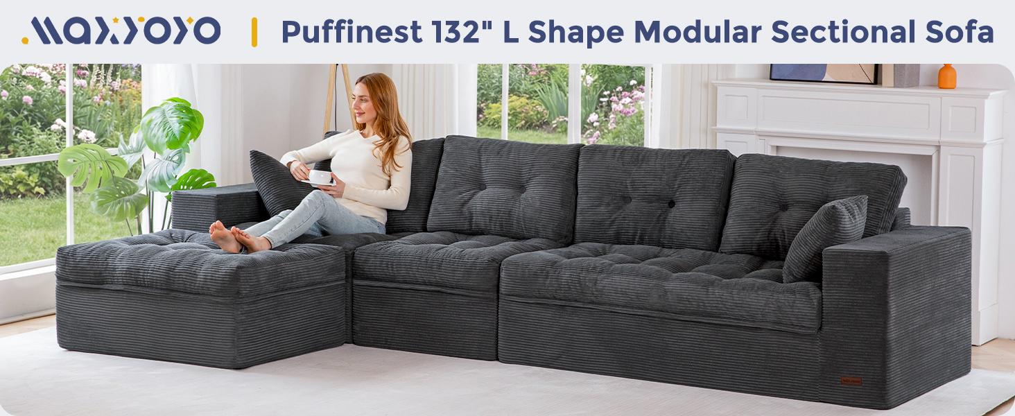 MAXYOYO 132" L Shaped Modular Sectional Sofa with Ottoman, Cloud Boneless Couch with Layered Cushion, Upholstered Sofa in a Box, Flexible Module Combination for Living Room, No Assembly