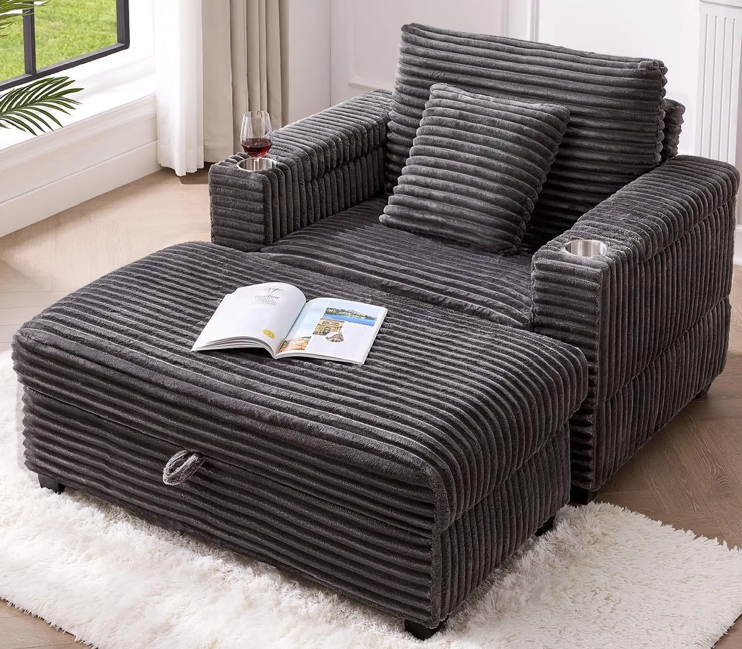 【BackToSchool】ONBRILL Sturdy Corduroy Wide Armchair with Ottoman - 44" Width Living Room Furniture, Cushion, Cup Holders, USB Port, Storage Armrest, Easy Setup, Comfy Single Sofa Bed for Compact Spaces (Corduroy fabric brings cozy texture)
