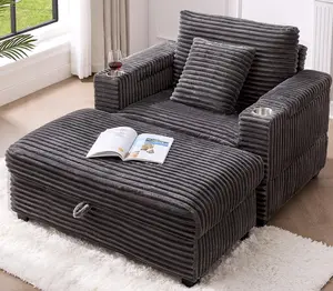 ONBRILL Corduroy Oversized Chair with Ottoman, 44" Wide Armchair with Cup Holders & USB Port, Reading Chair w/Storage Armrest, Easy Assembly, Comfy Single Sofa Bed for Living Room, Apartment