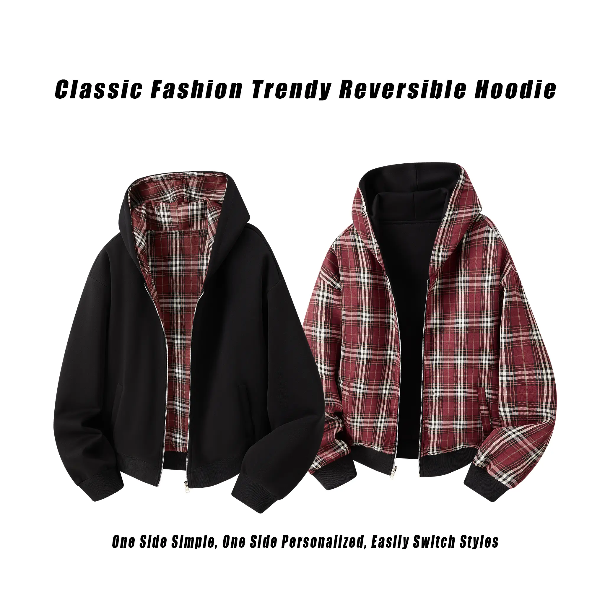 Men's casual trendy hooded jacket suitable for spring, autumn, and winter; plaid hooded sweatshirt; zip-up hoodie that can be worn front or back; ideal for everyday wear, campus, and street styles.