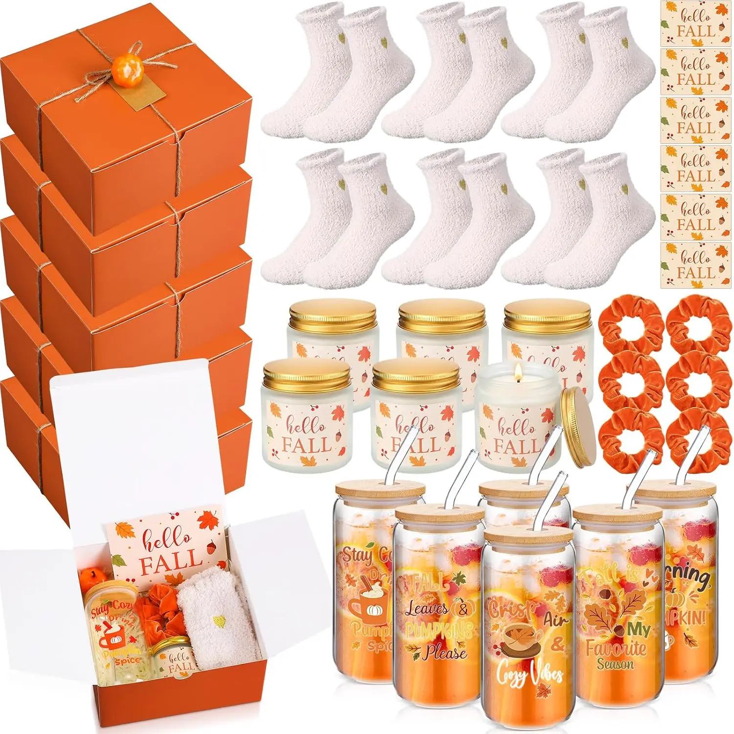 Fall 2026 Halloween Gift  6 Sets 48 Pcs Fall Gift Bulk for Women Thanksgiving Basket Stuffers Box 16oz Autumn Glass Cups with Straw and Lid Candle Fleece Socks and Hair Ties Card for Friends Coworker Mother