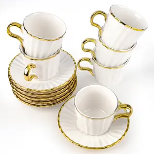 3.2oz Ceramic Turkish Coffee Cup Set of 6, British Italian Cappuccino Cups Porcelain Espresso Cups and Saucers with Gold Trim for Double Espresso Cappuccino Latte Mocha Tea, Gold