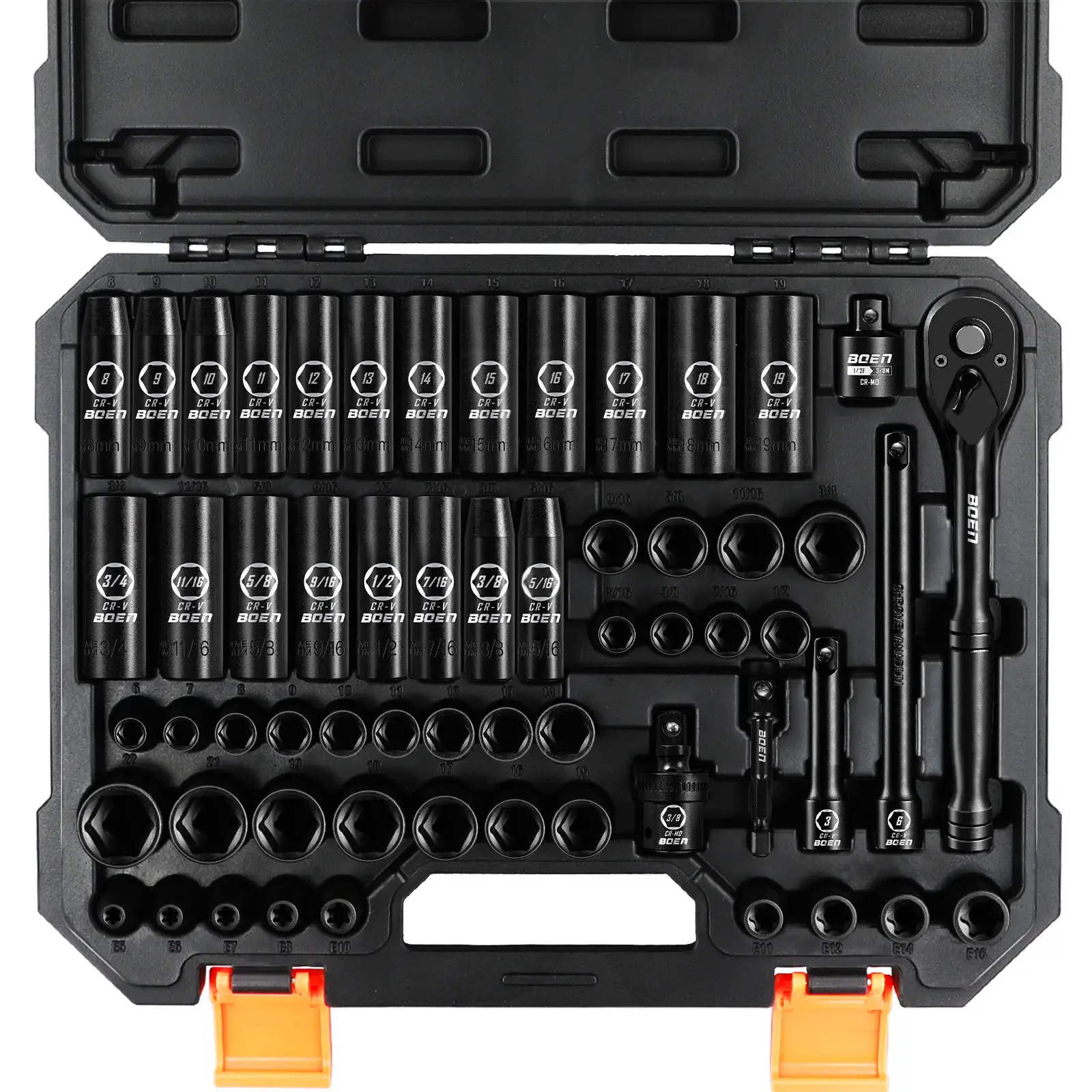 BOEN 59 PCS 3/8" Drive Impact Socket Set, Standard SAE(5/16"-3/4") & Metric(6-22mm), Deep & Shallow, Cr-V Steel, 6-Point, hand tool, father gift, with