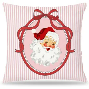Red Bow Christmas Santa Pillow Covers 18x18 Preppy Christmas Decor Girly Xmas Santa Claus Pink Striped Decorative Throw Pillow Covers for Girls Dorm Room Apartment