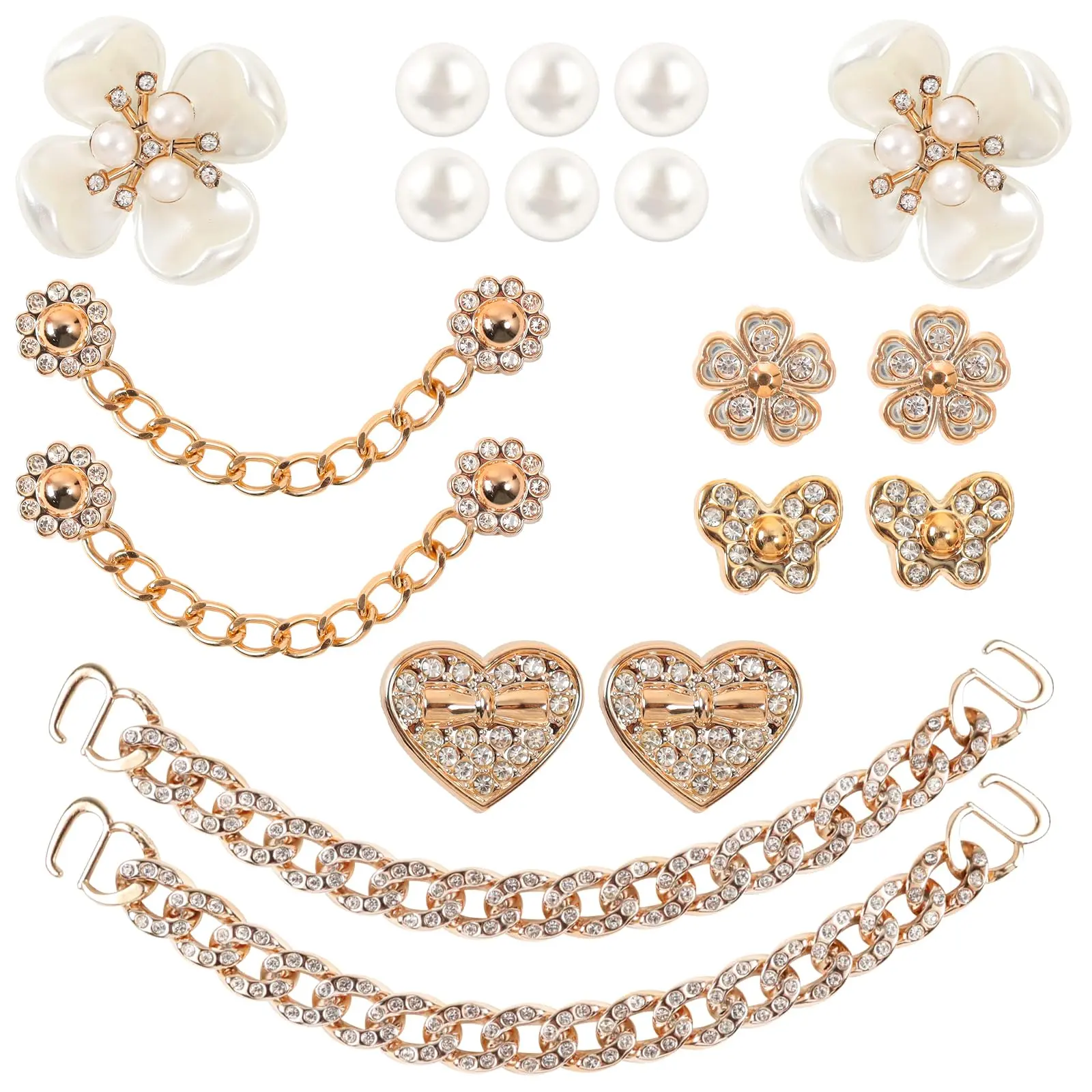 Elegant Shoe Charms, 18-Piece Bling Jewelry Set with Pearl, Flower & Heart Decorations, Small Gold Chains for DIY Decor on Clogs, Lightweight, Alloy & Plastic, Classmates, Cute, Exquisite Bling Pearl, Girlfriends, High-Quality Alloy And Plastic, Butterfli