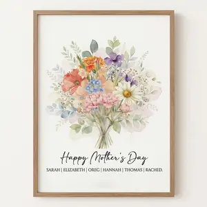 Personalized Floral Wall Art Poster for Mom, Custom Bouquet Poster, Family Name Poster Gift, Home Decor