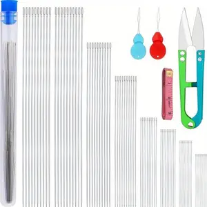 34 pcs bead needles center opening curved bead needles Set with straight beaded needles needle threader ferrule Needle Crafts Kit