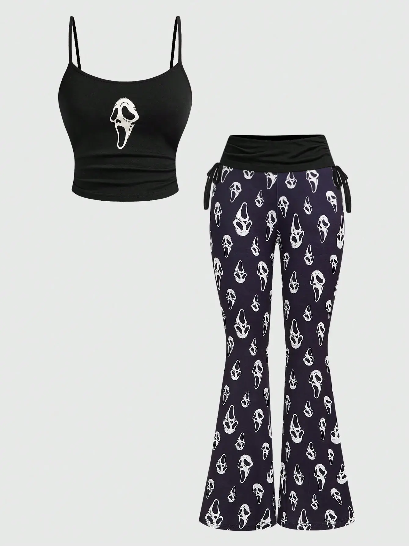 ZESTY NOX Goth Dark Skeleton Print Fitted Camisole Top And Skeleton Flare Pants Two Piece Set Halloween Outfit Emo Grunge