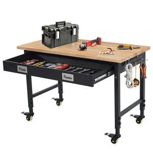 GAOMON 48" Work Benches for Garage, Adjustable Workbench with Wheels, Drawers, Power Outlet & Rubber Wood Top, 2000LB Tool Bench Shop Table for Woodworking, Office, Home (48x24 Inch with Drawer)