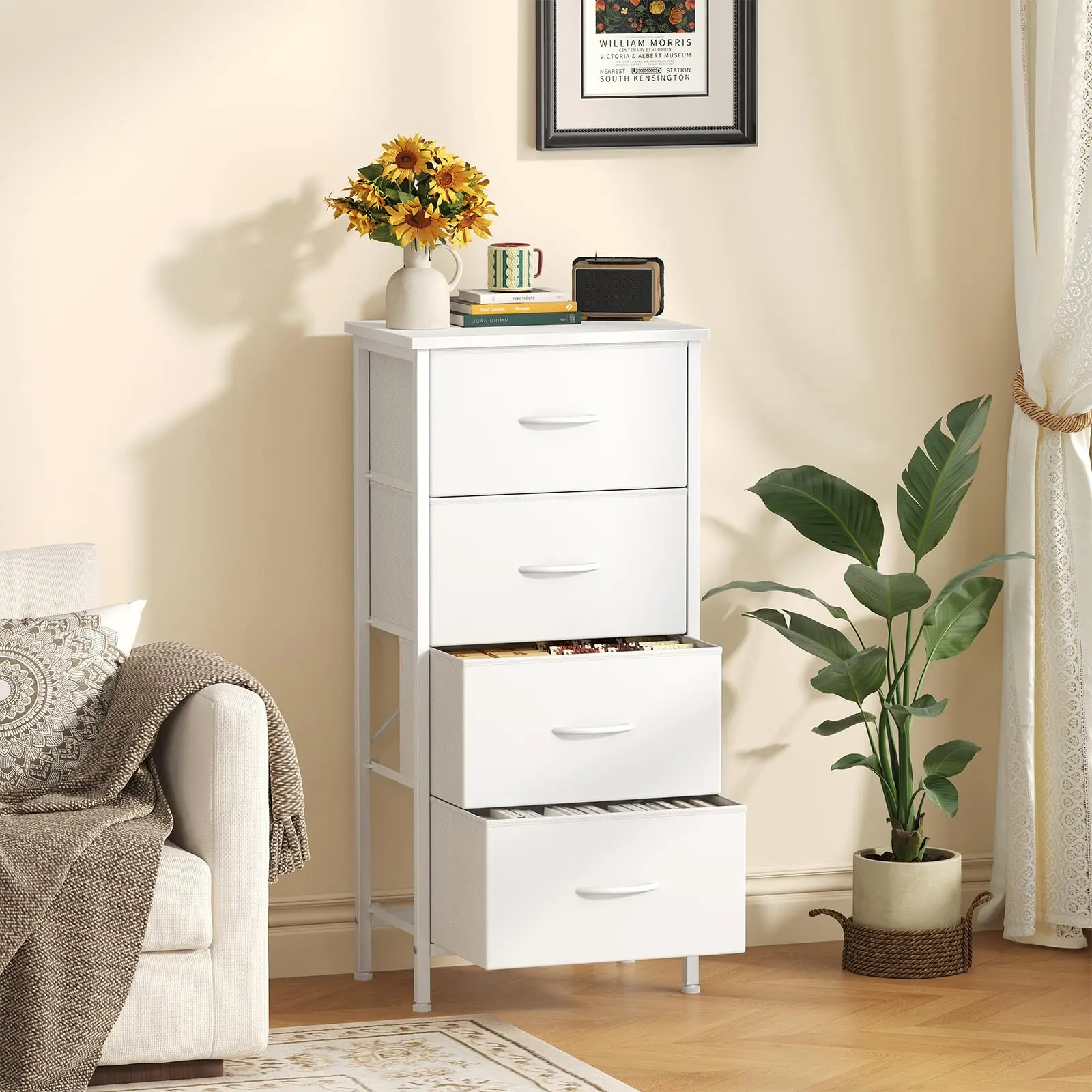 4 Drawer Fabric Dresser, Skinny Storage Tower with Wood Top & Metal Frame for Bedroom, Closet, Living Room, Kitchen