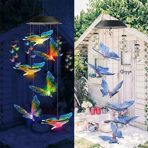 Waterproof solar wind chime lights, color changing butterfly LED flashing lights, outdoor hanging decorations for gardens and courtyards