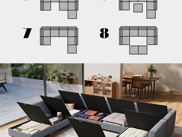 4-8 Seat Modular Sectional Sofa with Storage, Sturdy Solid Wood Structure, Modular Sectional Sofa Cloud Couch Washable, Spacious Couches for Living Room, Apartment, Loft, Grey