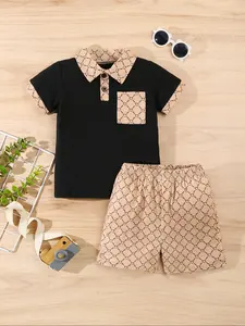 Boys' Summer Casual Fashion Short Sleeve Polo Shirt & Bear Print Shorts Set, Perfect for Daily Wear or Outdoor Play, Clothes Kids