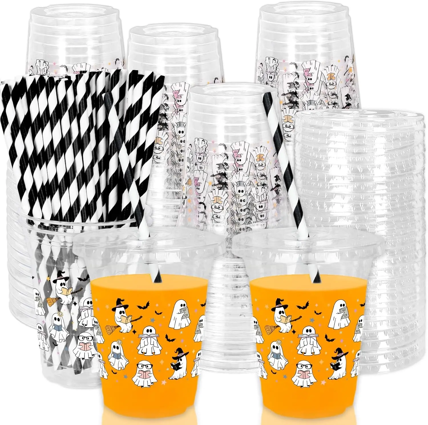 Halloween Fall Gift 50 Pcs Halloween Disposable Plastic Cups with Lids and Straws Spooky Reading Book Ghost Theme Cold Beverage Drinking Cups for Trick or Treat