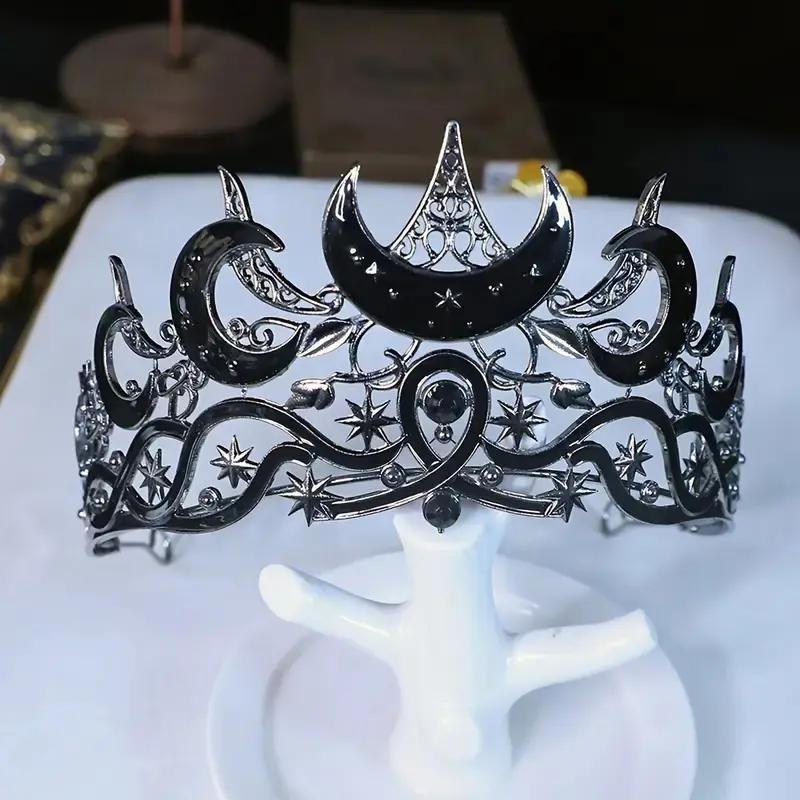 Gothic Moon Star Crown for Halloween Costume, Unisex Rhinestone Festive Decorative Headpiece for Witch Vampire Dark Fairy Role Play Party Decoration Hair Crowns