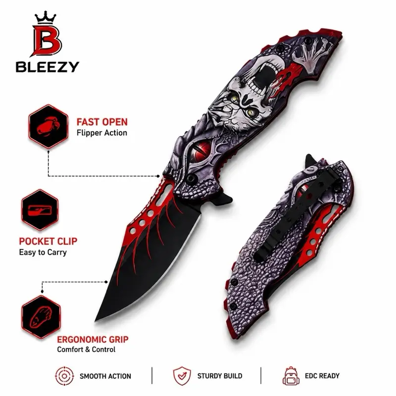 Bleezy Skull Series Folding Pocket Knife – 3Cr13 Stainless Steel EDC Knife with Pocket Clip