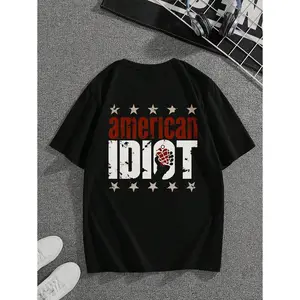100% Cotton Vintage Style Green American Idiot T-Shirt for Women Men, Stars And Text Design For Casual Wear, Retro Vintage Y2K Unisex Streetwear