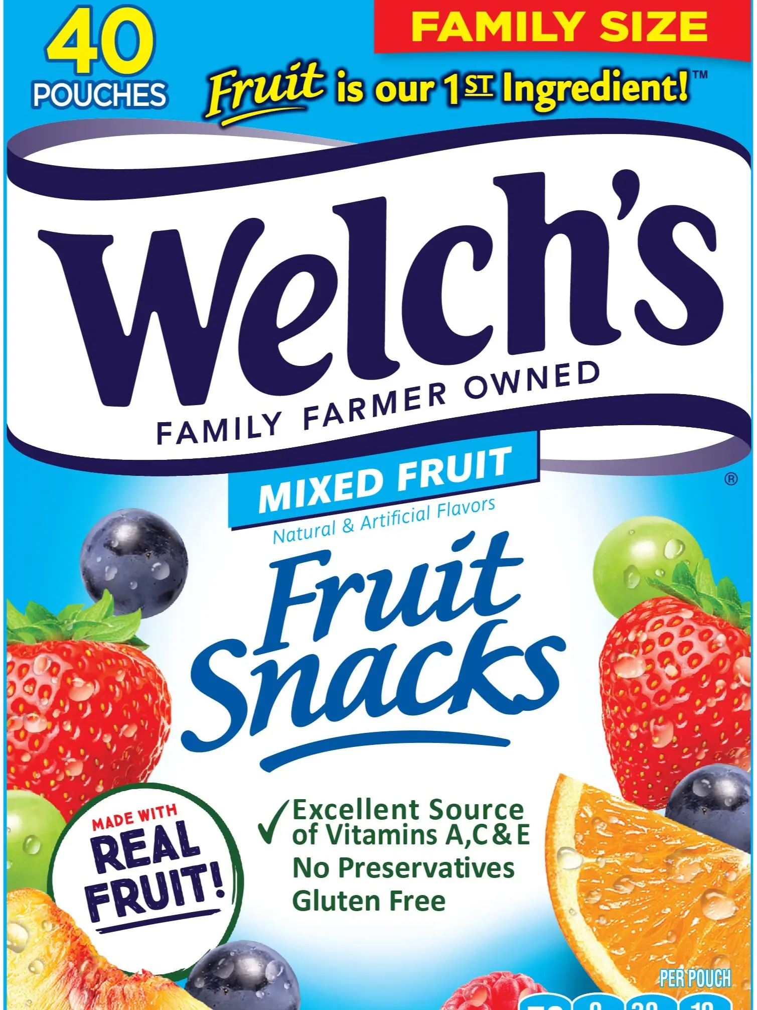 Welch's Fruit Snacks, Mixed Fruit, Perfect for School Lunches, Gluten Free, Bulk Pack, Individual Single Serve Bags, 0.8 oz (Pack of 40)