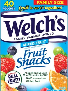 Welch's Fruit Snacks, Mixed Fruit, Perfect for School Lunches, Gluten Free, Bulk Pack, Individual Single Serve Bags, 0.8 oz (Pack of 40)