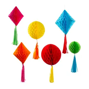8" - 16" Fiesta Honeycomb Ceiling Decorations with Tassel - 12 Pc.