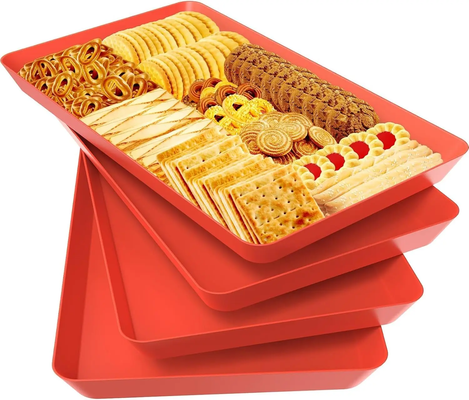 4 pcs Serving Tray for Entertaining, Serving Platters for Snacks, Fruit, Cookies, Dessert, Reusable Plastic Trays for Serving Food and Pantry Organization in Kitchen & for Parties, (Red)