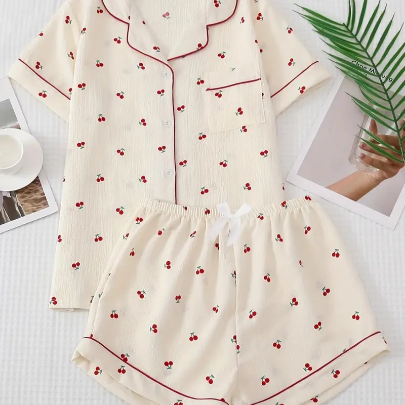Women's Cherry Print Crop Shirt & Shorts Pyjama, Casual Comfy Short Sleeve Collared Top & Shorts Pajama Set, Ladies Sleepwear for Summer, Casual Fitted Sleepwear, Loungewear