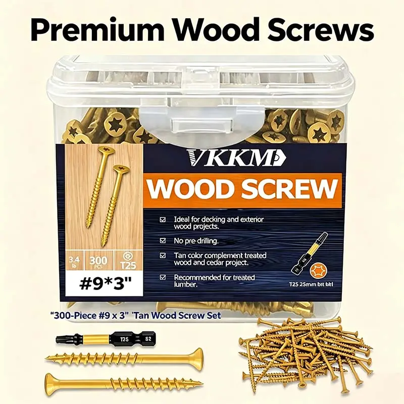 VKKM #8 & #9x2.5" Tan Carbon Steel Flat Head Self-Tapping Screws, T25 Torx Rust-Resistant Multi-Purpose Screws for Deck Fencing, DIY Users (T25 Driver Compatible), Self Taping Screws