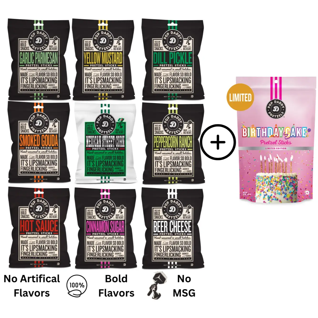 Pretzel Sampler Pack - 9 bags + BIRTHDAY CAKE PRETZEL STICKS - Pop Daddy Snacks