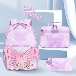Girls' Backpack Children's Cartoon Butterfly Design Multifunctional Cute Fashionable Versatile Student Backpack with Lunch Bag and Pencil Case