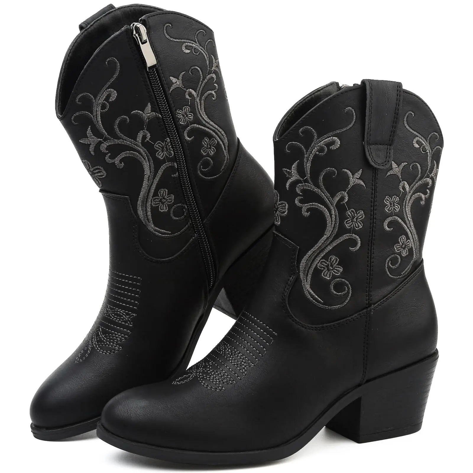 Women's Western Low-Heel Cowboy Ankle Boots - Embroidered Design, Side Zipper, All-Season Western Leather Shoe
