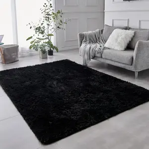 Modern Style Black Long Hair Rug, Rectangle Soft Floor Mat, Non-slip Indoor Mat for Home Living Room Bedroom, Home Decor, Shaggy Fuzzy Rugs