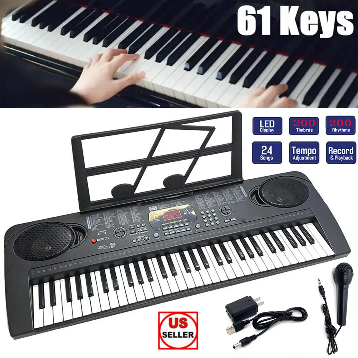 Kids' 61-Key Compact Portable Electric Piano Keyboard for Beginner Learners - 9V DC Power, Built-in Speakers, Mic, LCD Display, 200 Voices, 200 Rhythms, 24 Songs, Music Stand, Effects & Controls, Integrated Learning System, Ideal for Learning and Practice